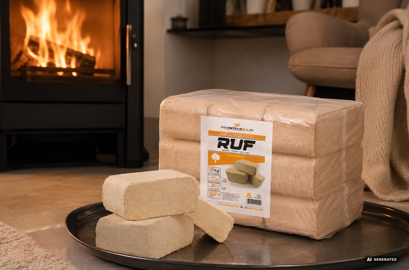 Brykiet drzewny bukowy RUF Premium 10 kg – czysta trocina bukowa, 17 MJ/kg